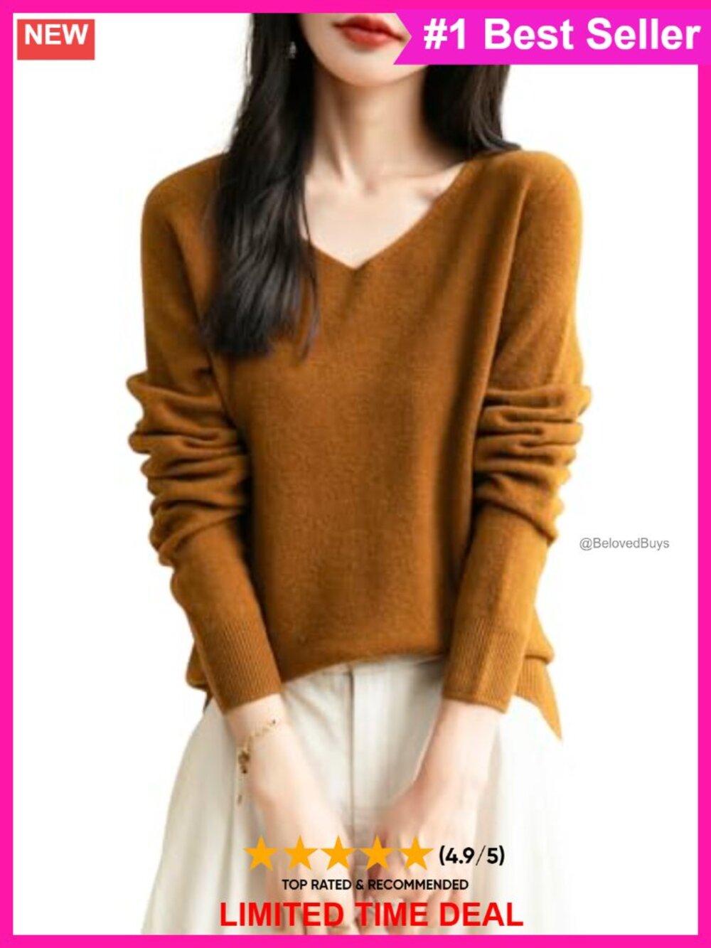 100% Merino Wool V-Neck Sweater Seamless Knit Pullover Long Sleeve